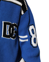 Dolce & Gabbana Blue Cotton Logo Patch Ribbed Knit Cardigan Sweater