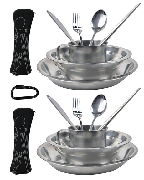Mess kit 2 Person Camping Kitchen Set Camp Utensil Set Picnic Set Camping Dish Set Stainless Steel Dinnerware Set Plate Bowl Cup Set Person Backpacking Dish Utensil Camping Mess Kit