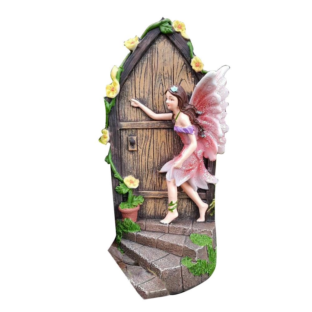 Miniature Fairy Knocking Door Statue for Garden Decor