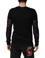 Dolce & Gabbana Black Linen Mesh Tattered Longsleeves T-shirt