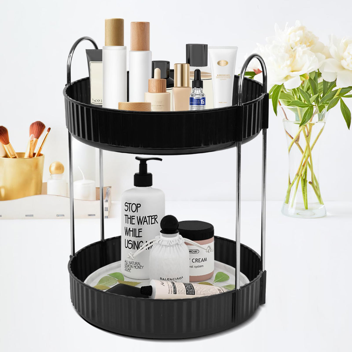 Zufudo Rotating Makeup Organizer Countertop 2 Tier Lazy Susan Trays Spinning Skincare Perfume Storage for Bathroom Counter Vanity Black