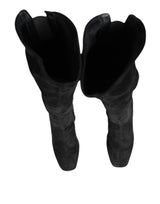 Dolce & Gabbana Black Suede Leather Knee High Boots Shoes
