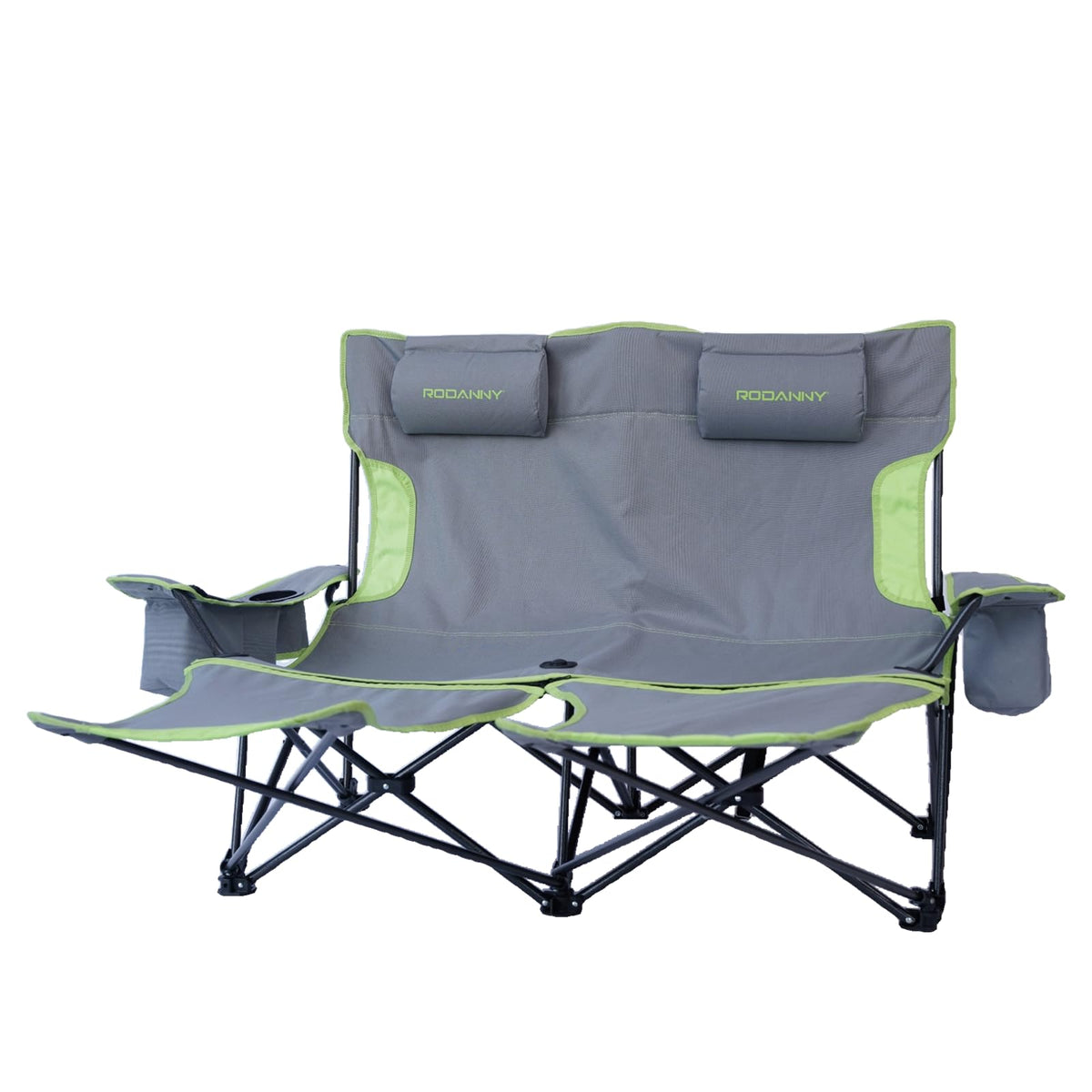 RODANNY Double Camping Chair with Foot RestAdjustable Backrest Two Person 2-in-1 Lounge ReclinerLightweight Folding Camping Loveseat with Removable HeadrestsCooler Bag & Cup HolderSupport 440lbs