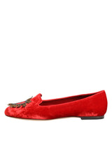Dolce & Gabbana Red Velvet DG Heart Loafers Flat Shoes