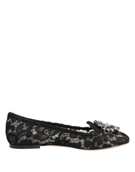 Dolce & Gabbana Black Taormina Lace Crystals Flats Shoes