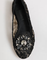 Dolce & Gabbana Black Taormina Lace Crystals Flats Shoes