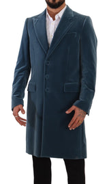 Dolce & Gabbana Blue Cotton Velvet Long Overcoat Jacket - Men's