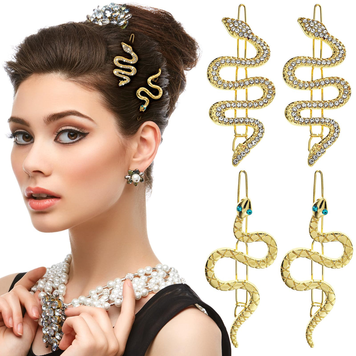 AOZUO Snake Hair Clips 4PCS Rhinestone Snake Hair Pins Sparkly Crystal Hair Barrettes Metal Snake Hair Accessories for Women Girls