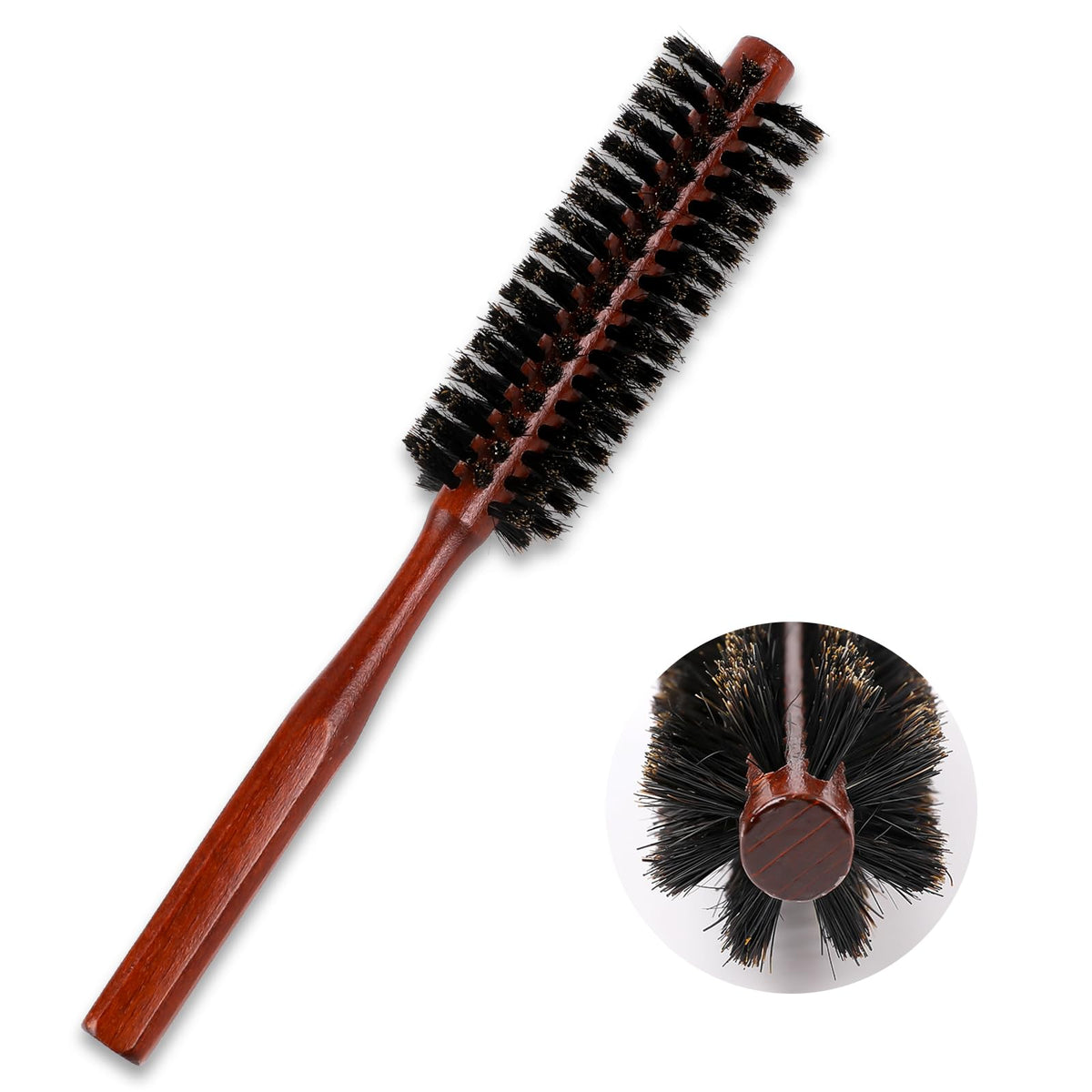 Small Boar Bristle Hair Brush Portable Round Natural Bristle Travel Brush with Wood Handle for Thin or Short Hair Adding Volume Mini Beard Brush for Men