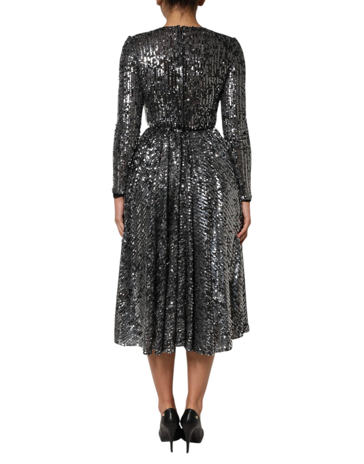 Dolce & Gabbana Black Sequined Long Sleeves Midi A-line  Dress