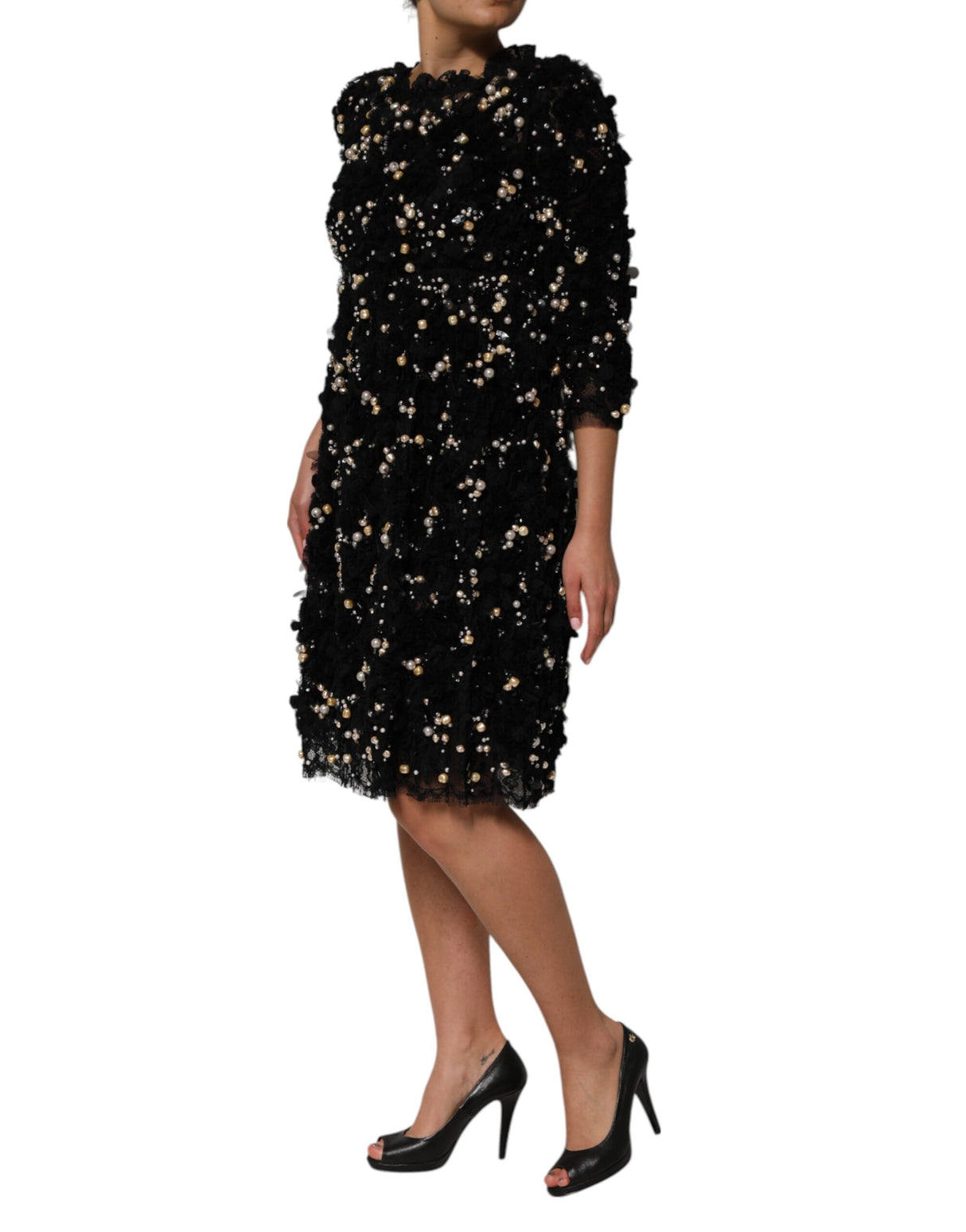 Dolce & Gabbana Black Viscose Pearl Embellishment Shift Dress