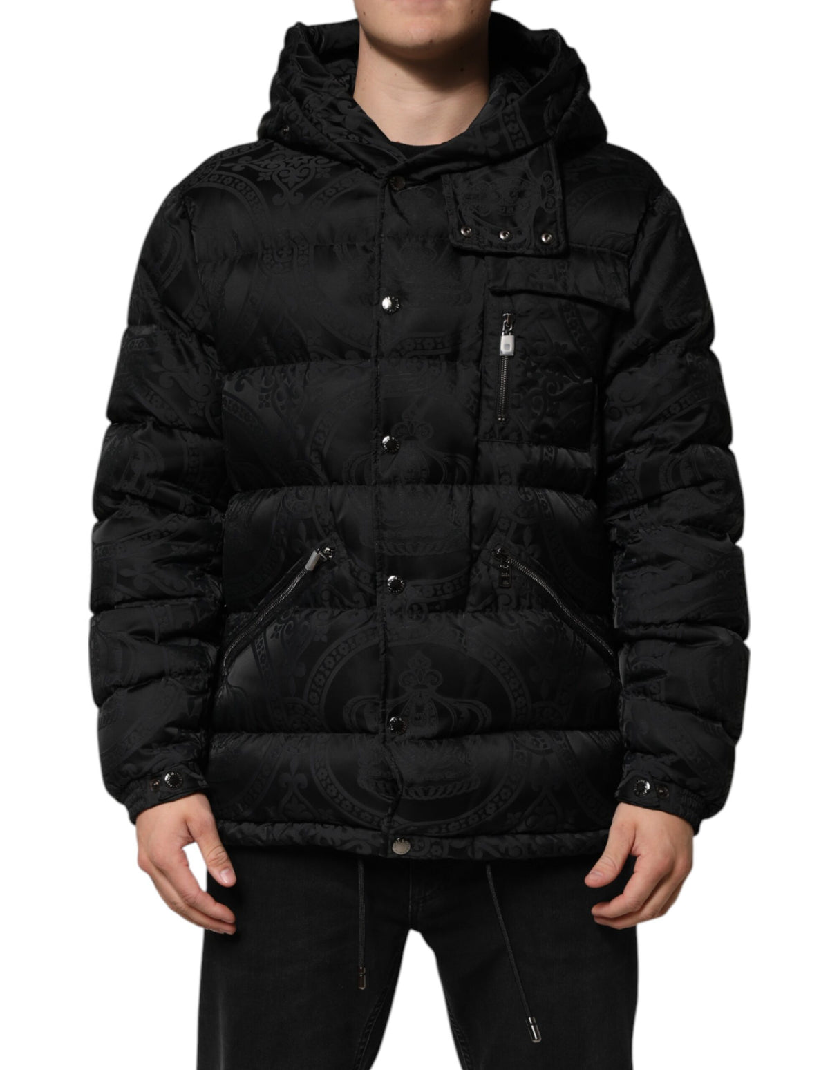 Dolce & Gabbana Black Jacquard Quilted Puffer Hooded Jacket
