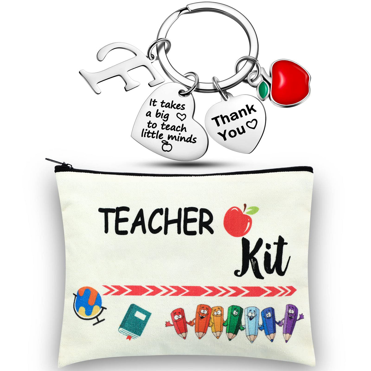 MTLEE 2 Pcs Valentine Teacher Appreciation Gift Women Teacher Kit Gift Teacher Makeup Pouch Cosmetic Bag Thank You Keychain(F Shape)