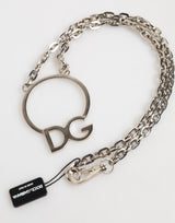 Dolce & Gabbana Silver Tone Brass Chain DG Logo Pendant Men Necklace