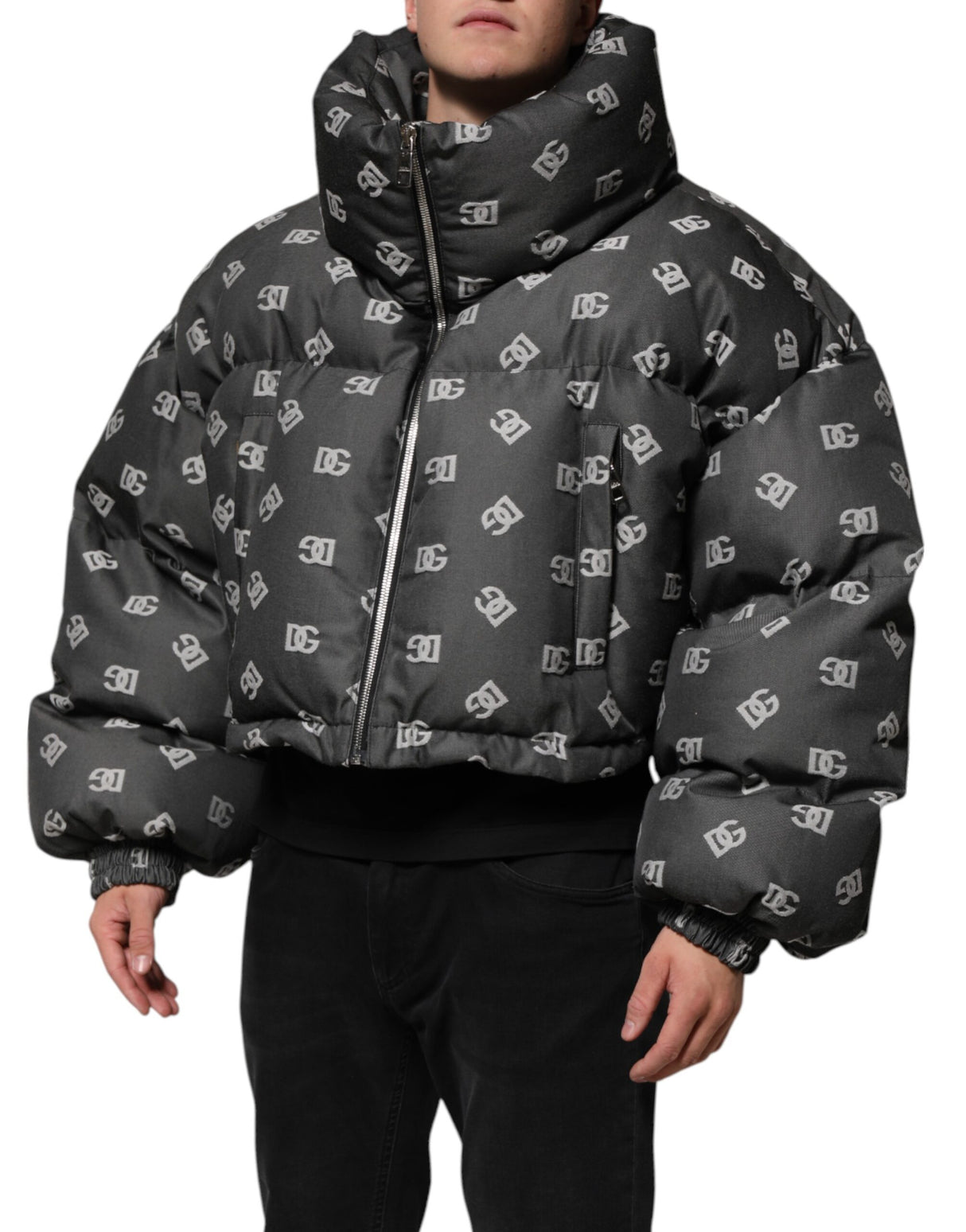 Dolce & Gabbana Black DG Monogram Full Zip Puffer Men Jacket