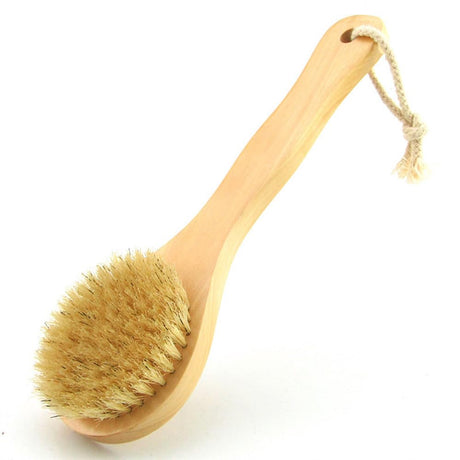HiKin 9.84 Inch Dry Body Brush Back Scrubber Wooden Short Handle Natural Bristles Bath & Shower Brush.
