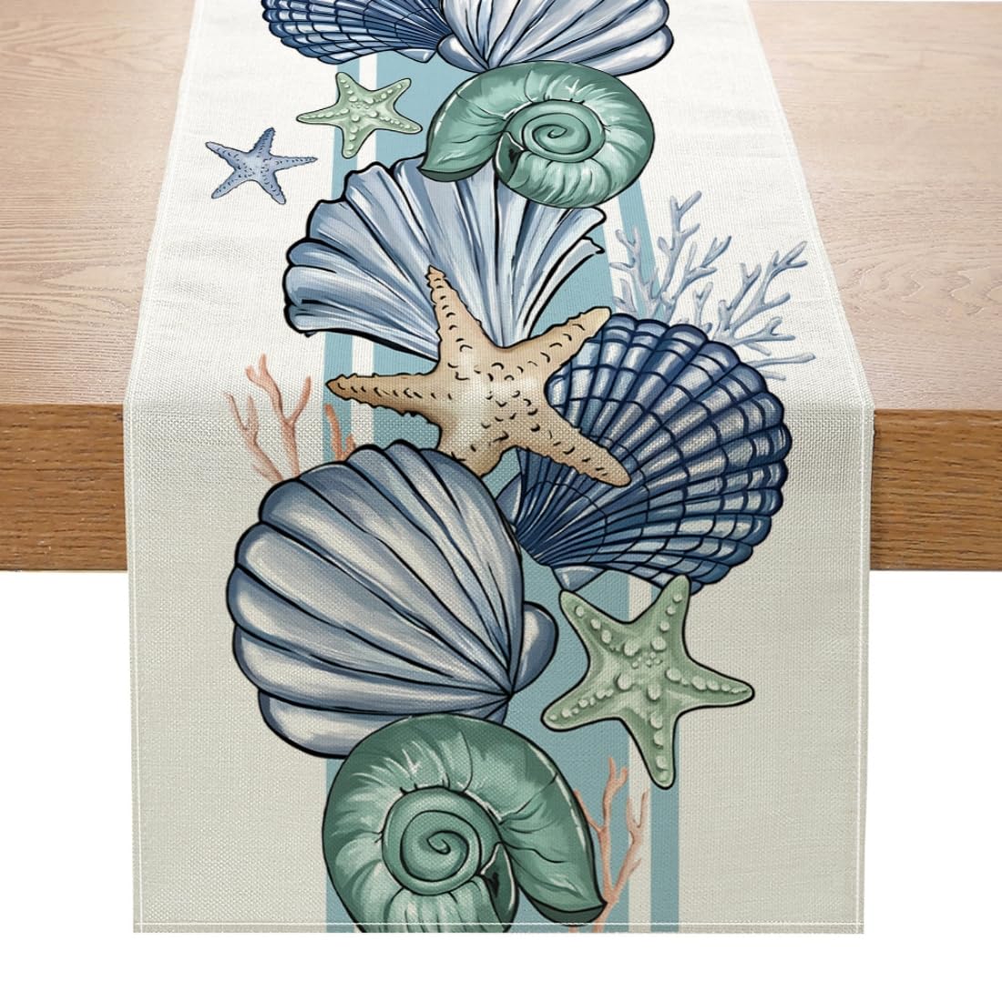 Avoik Summer Mode Seashell Table Runner Ocean Themed Tropical Table Runners Seasonal Farmhouse Table Center Decor for Kitchen Dining Party Holiday Home Decor 13x72 InchLight Blue