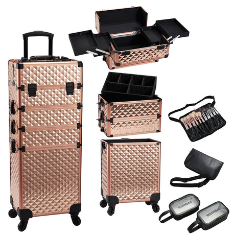 Stagiant Rolling Makeup Train Case Large Storage Cosmetic Case Trolley 4 in 1 Large Capacity Cosmetology Case on Wheel with Brush Waist Bag Makeup Travel Case with Swivel Wheels Salon Barber Trunk