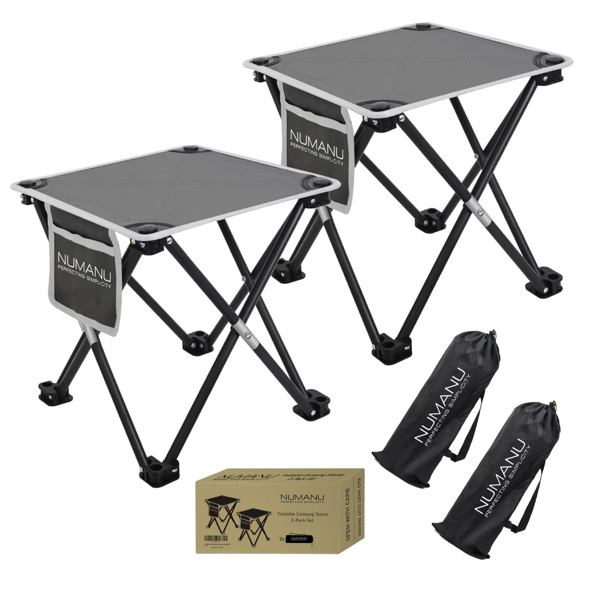NUMANU Portable Camping Stool 2-Pack & Carry Bags Foldable Travel Seat or Retractable Foot Rest for Outdoors Portable Folding Pop Up Stool Gift for Camping & Outdoors - Max Weight 320lbs