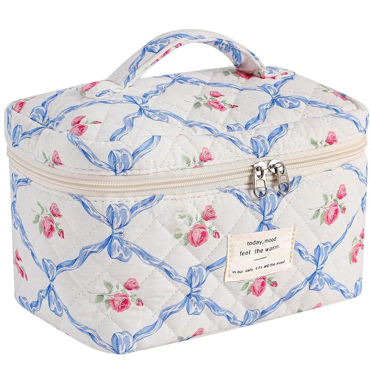 AMULOKRU Large Makeup Bag Cute Cosmetic Bags for Women Girls Quilted Makeup Bag Floral Makeup Bag Coquette Aesthetic Floral Travel Make Up Organizer BagBlue Bow