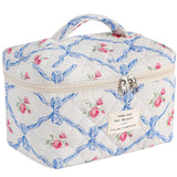 AMULOKRU Large Makeup Bag Cute Cosmetic Bags for Women Girls Quilted Makeup Bag Floral Makeup Bag Coquette Aesthetic Floral Travel Make Up Organizer BagBlue Bow