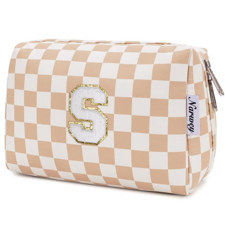 Narwey Personalized Initial Makeup Bag Toiletry Bag Gifts for Women Girls Large Checkered Makeup Bag Zipper Pouch Travel Cosmetic Bag Organizer for Women (Light Checkerboard Letter S)