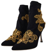 Dolce & Gabbana Black Gold Embroidery Crystal Boots Shoes