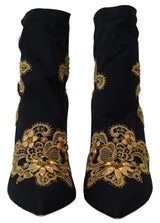 Dolce & Gabbana Black Gold Embroidery Crystal Boots Shoes