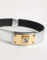 Dolce & Gabbana Silver Textured Leather Gold Tone Metal Neckband