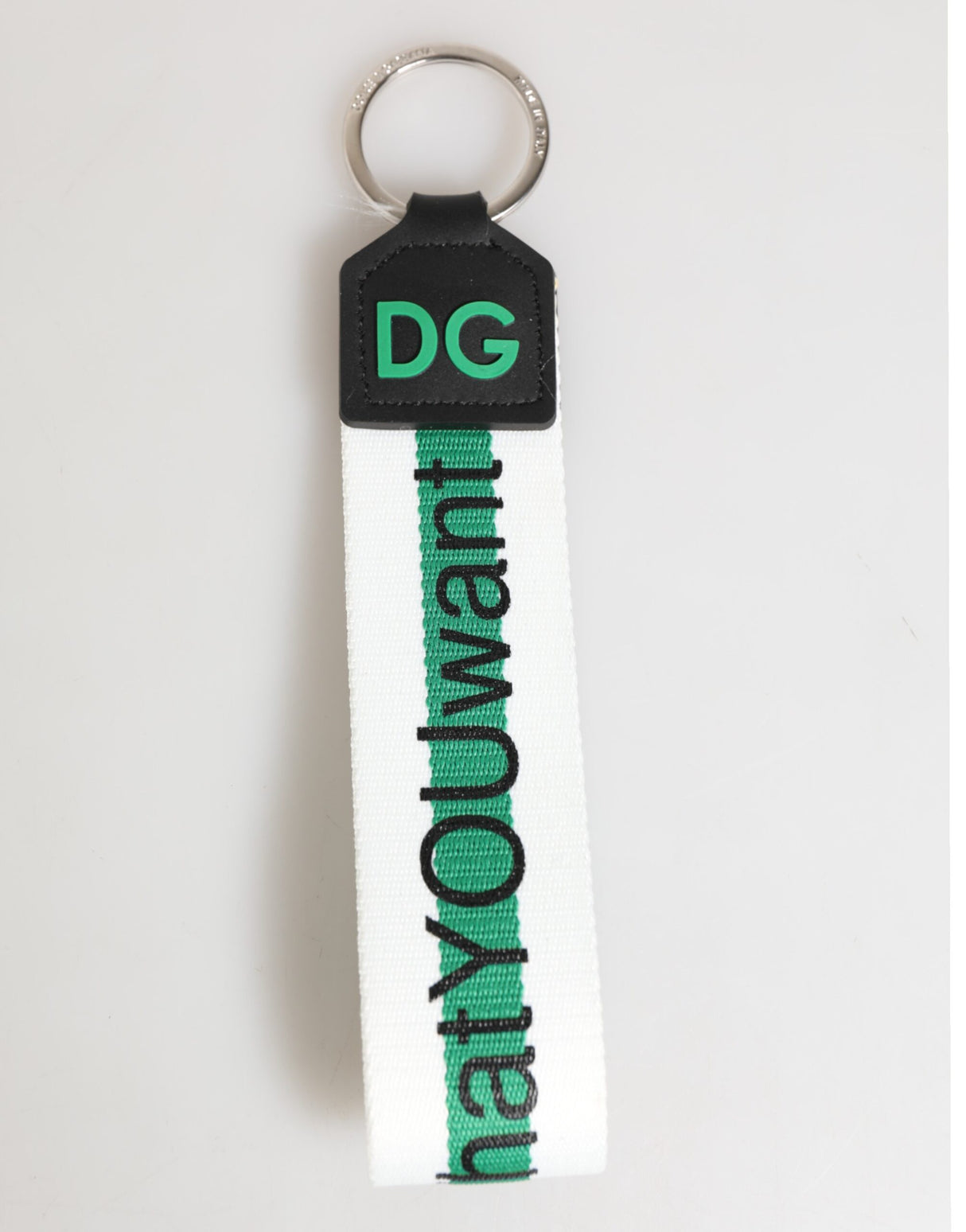 Dolce & Gabbana Green Logo Polyester Silver Brass Holder Keychain Keyring