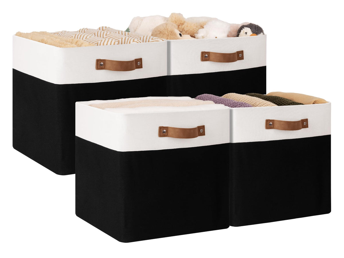 StorageWorks 13x13 Storage Cubes Collapsible Storage Bins Organizer for Closet Fabric Storage Box with PU Handles Black and White 4-Pack