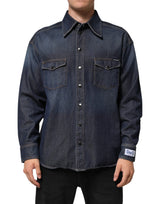 Dolce & Gabbana Blue Denim Button Casual Logo Patch Men Shirt