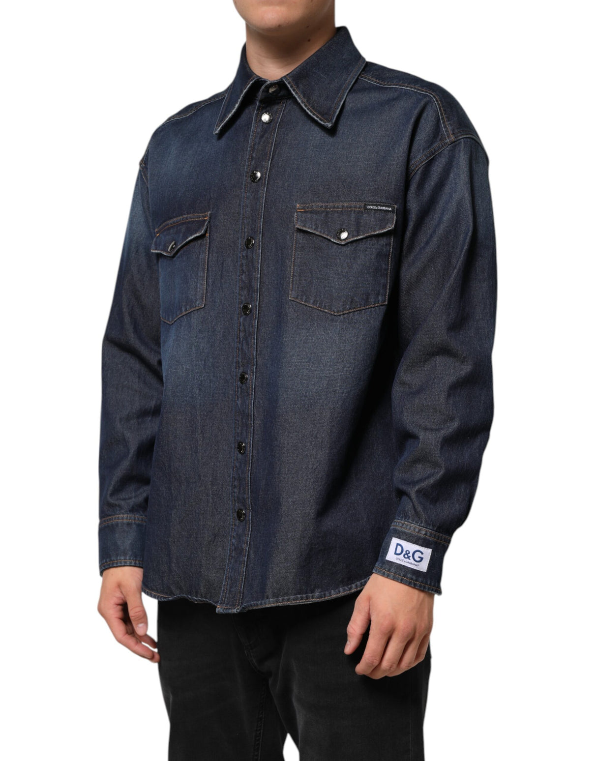 Dolce & Gabbana Blue Denim Button Casual Logo Patch Men Shirt