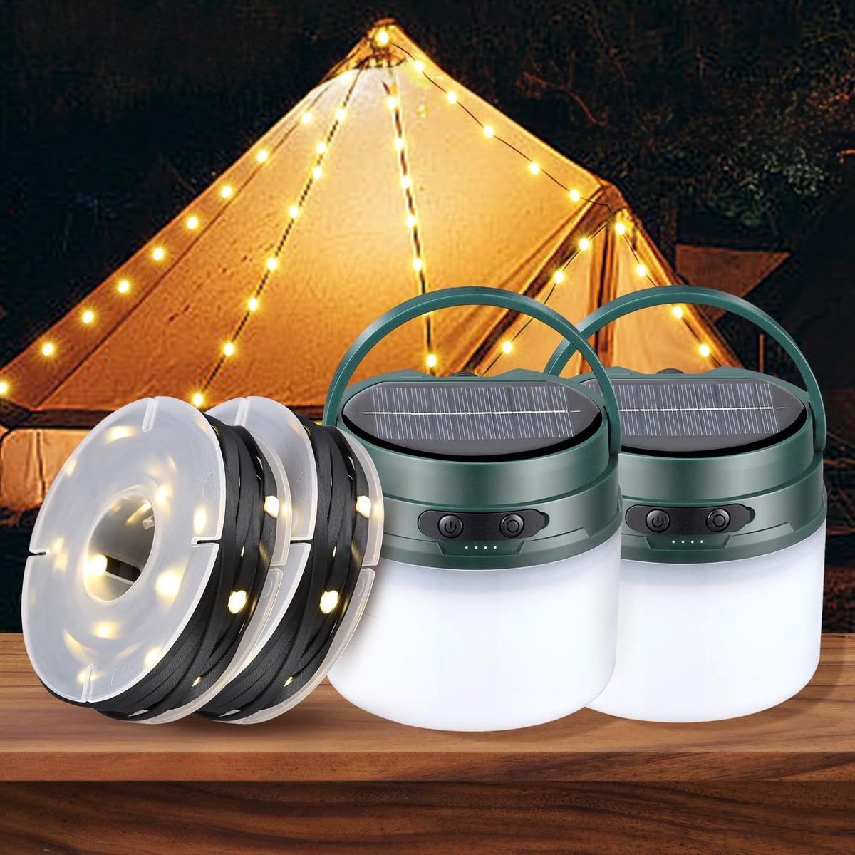 2 Pack Solar Camping Lantern with String Lights 33ft Light Strip Easily Store 3600mAh Rechargeable Lantern with 3 Modes Durable Waterproof Portable Tent Light Camping Essentials for Hiking