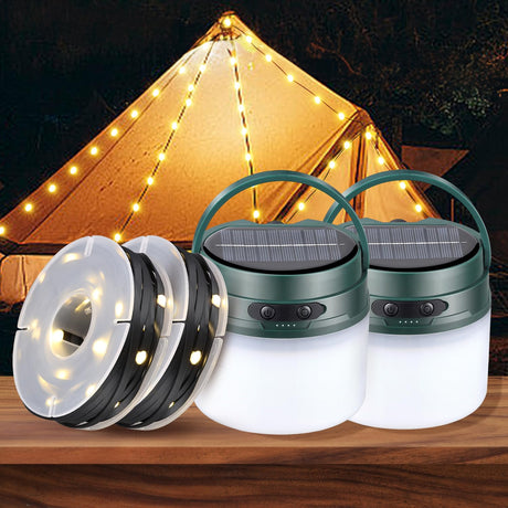 2 Pack Solar Camping Lantern with String Lights 33ft Light Strip Easily Store 3600mAh Rechargeable Lantern with 3 Modes Durable Waterproof Portable Tent Light Camping Essentials for Hiking