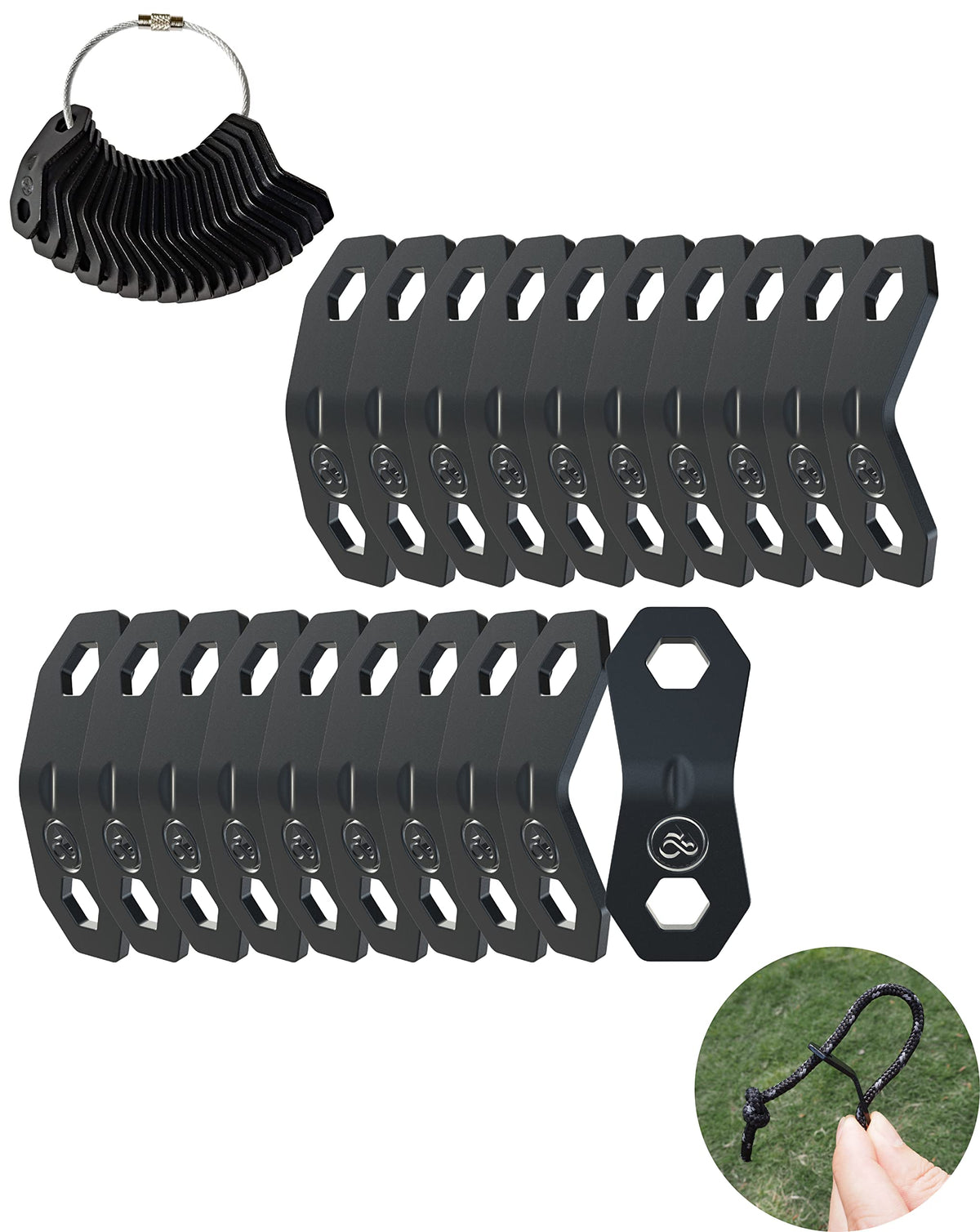 NACETURE Aluminum Alloy Rope Tensioner Camping Tent Guyline Cord Adjuster Camping of Gear for Camping Hiking Backpacking Ultralight Tent Stakes Guy Lines Tensioner Tent Cord (Double Black 20 Pack)