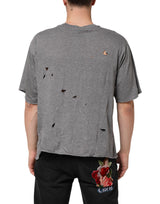 Dolce & Gabbana Gray Cotton Tattered Logo Patch Men T-shirt