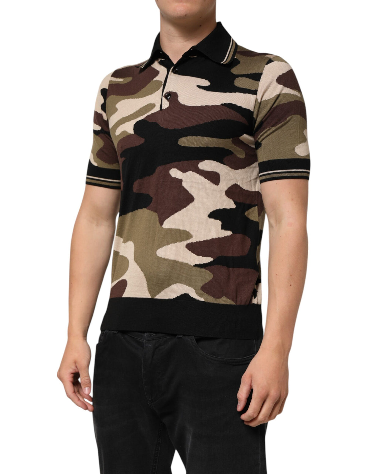 Dolce & Gabbana Camouflage Brown Silk MilitaryPolo T-shirt