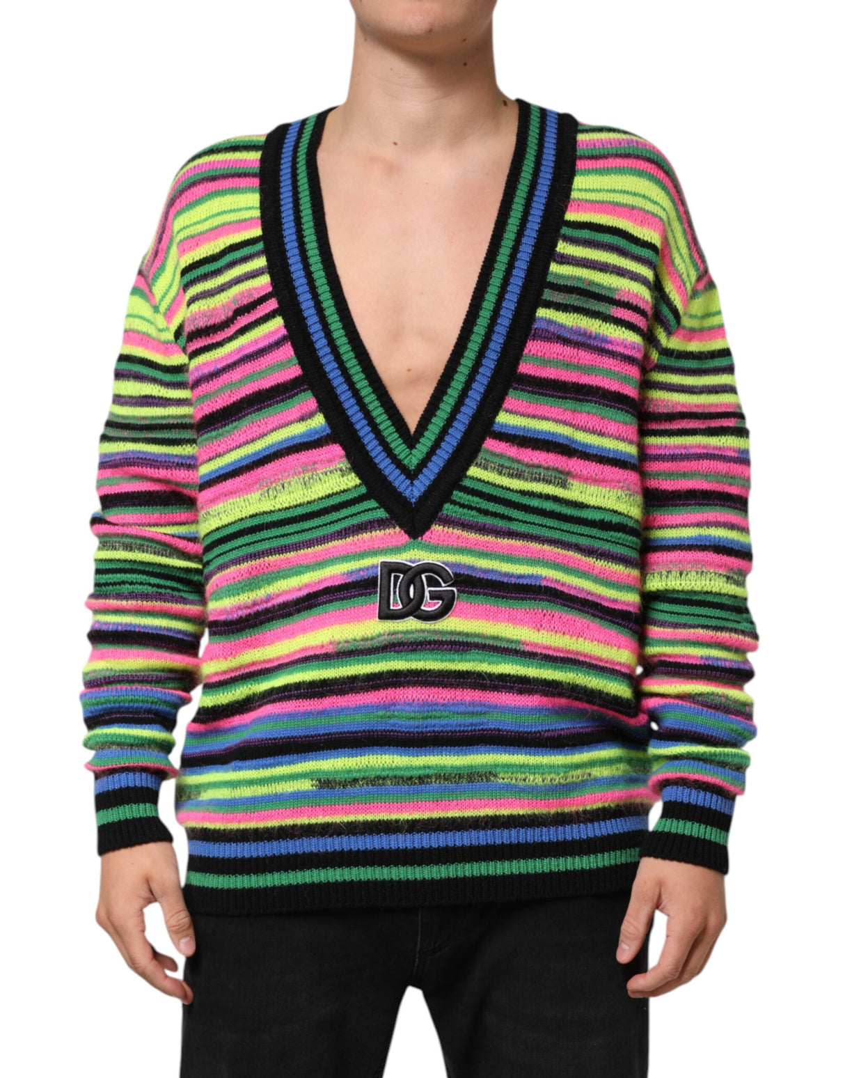Dolce & Gabbana Multicolor DG Logo V-Neck Knit Pullover Sweater