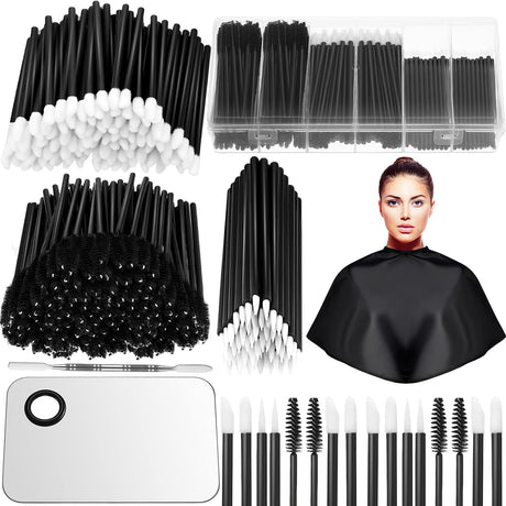 260 Pieces Disposable Makeup Tools Kit Eyeliner Brushes Mascara Wands Lipstick Applicators Plastic Organizer Box Short Waterproof Cape Stainless Steel Makeup Palette Spatula (Black) (Black)