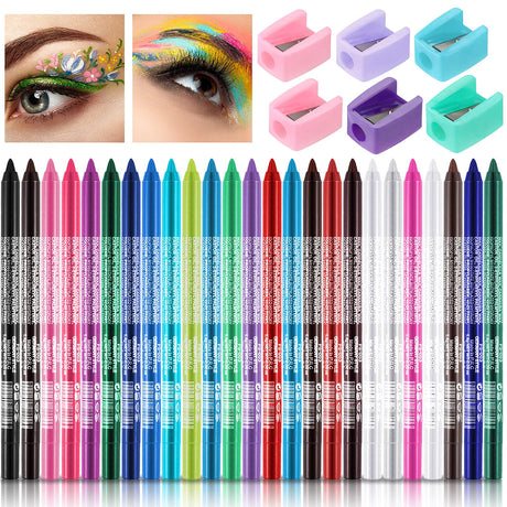 Leelosp 25 Color Eyeliner Pencil Set Colorful Pearl Eyeliner Kit Metallic Eye Shadow Pen Glitter Waterproof with 6 Pencil Sharpeners Eye Makeup Set for Women Eye Color Lip Liner Accessories
