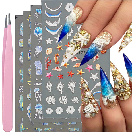 VOTACOS Summer Nail Stickers for Nail Art 5D Embossed Nail Decals 3D Nail Design Self-Adhesive Nail Supplies Accessories Marble Shell Jellyfish Nail Stickers for Women Nail Decoration(4 Sheets)