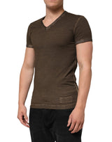 Dolce & Gabbana Dark Brown Cotton Tattered Logo Men T-shirt
