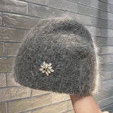 Women's Thick Rabbit Hair Knitted Hat with Rhinestones