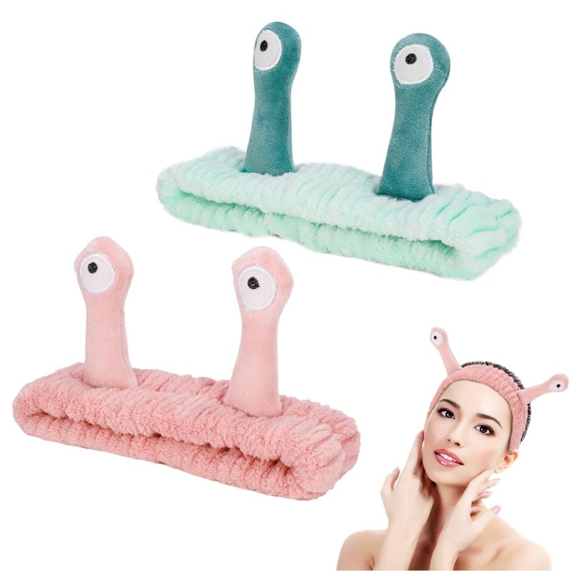 DragonflyDreams Cute Cartoon Snail Headbands 2 Pack - Coral - Hairband for Washing Face Skincare Makeup Headbands Women Soft Microfiber Fleece Elastic Headband Hair Accessories for Women