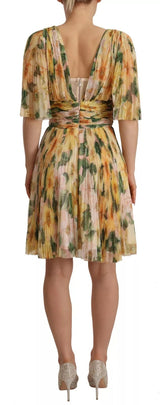 Dolce & Gabbana Yellow Floral Print Pleated Maxi Dress