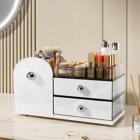 Makeup Organizer with DrawersHigh-Capacity Skincare organizersMakeup Brushes HolderMake up organizers for VanityCosmetic Display CasesBathroom Countertop Organizer(White)