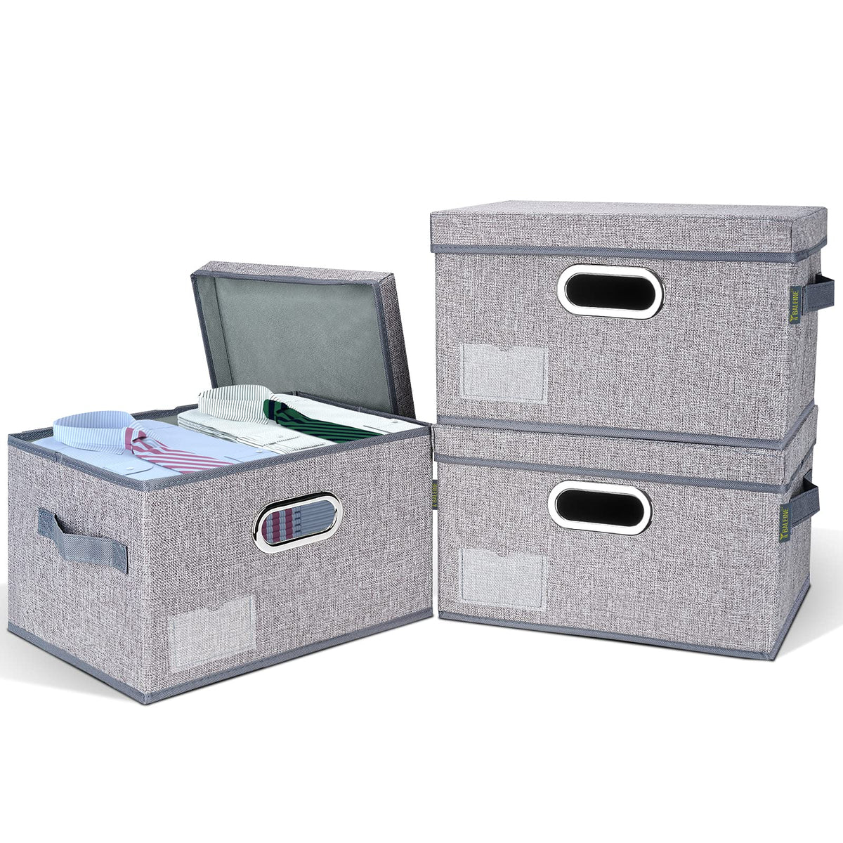 BALEINE Storage Bins with Lids Foldable Linen Fabric Storage Boxes with Lids Collapsible Closet Organizer Containers with Cover for Home Bedroom Office (3pack Gray Extra Large)