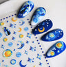 Starry Sky Nail Art Stickers Decals Moon Star Nail Stickers 5D Embossed Nail Decals Blue Yellow Star Moon Planet Nail Design Cute Nail Supplies Night Sky Nail Accessories for Women Nail Decorations