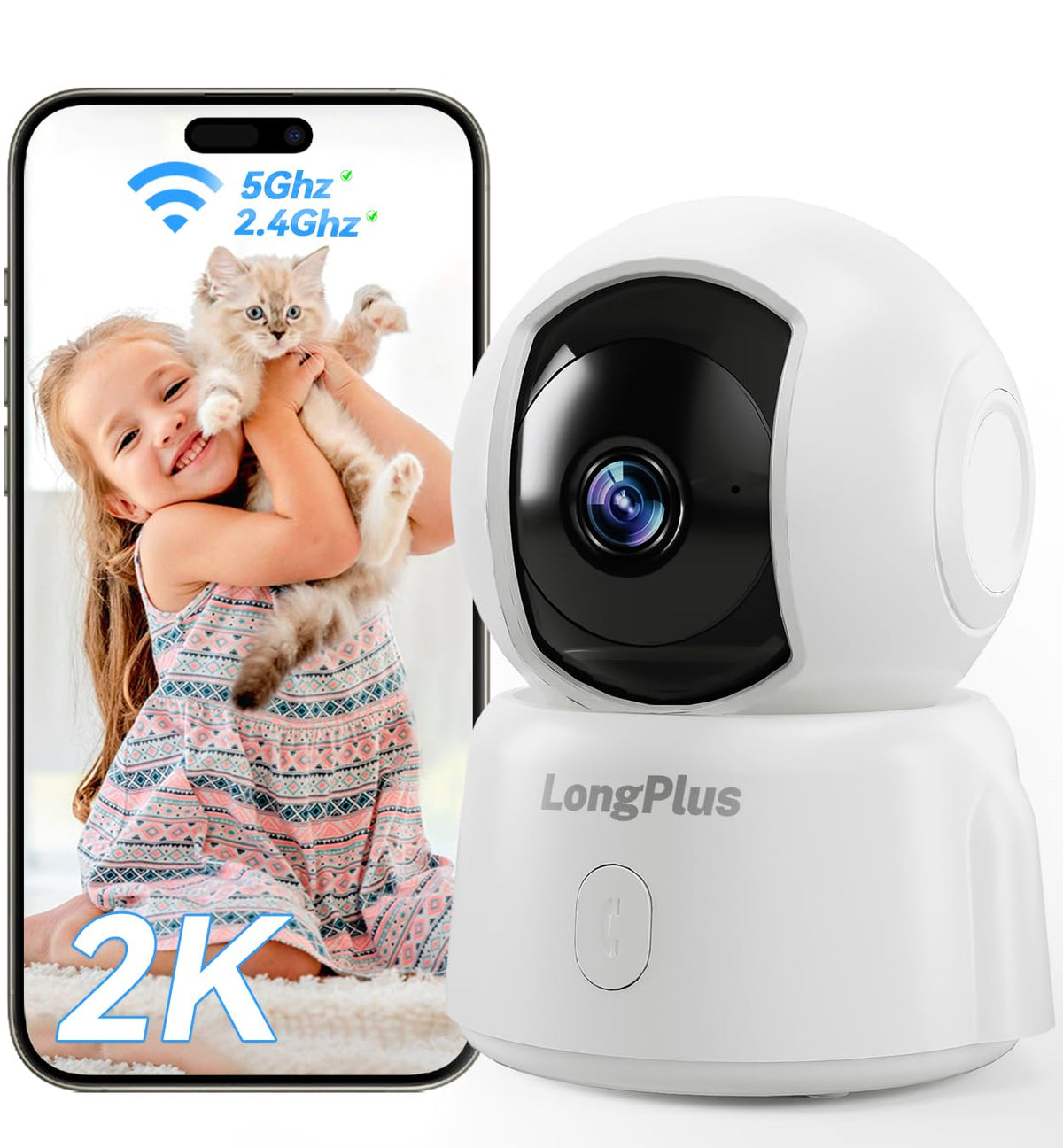 LongPlus® 2K Security Camera Indoor 2.4/5GHz WiFi Pet Camera Baby Camera with Phone App Remote Pan Tilt Camera with Night Vision One Touch Call Motion Detection Auto Tracking Works with Alexa